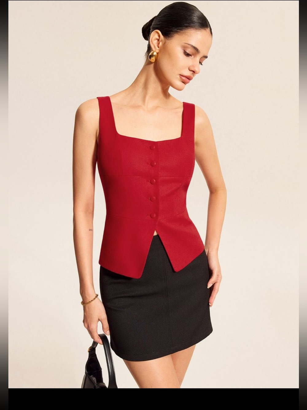 Commense Red cotton & linen square neck vest top